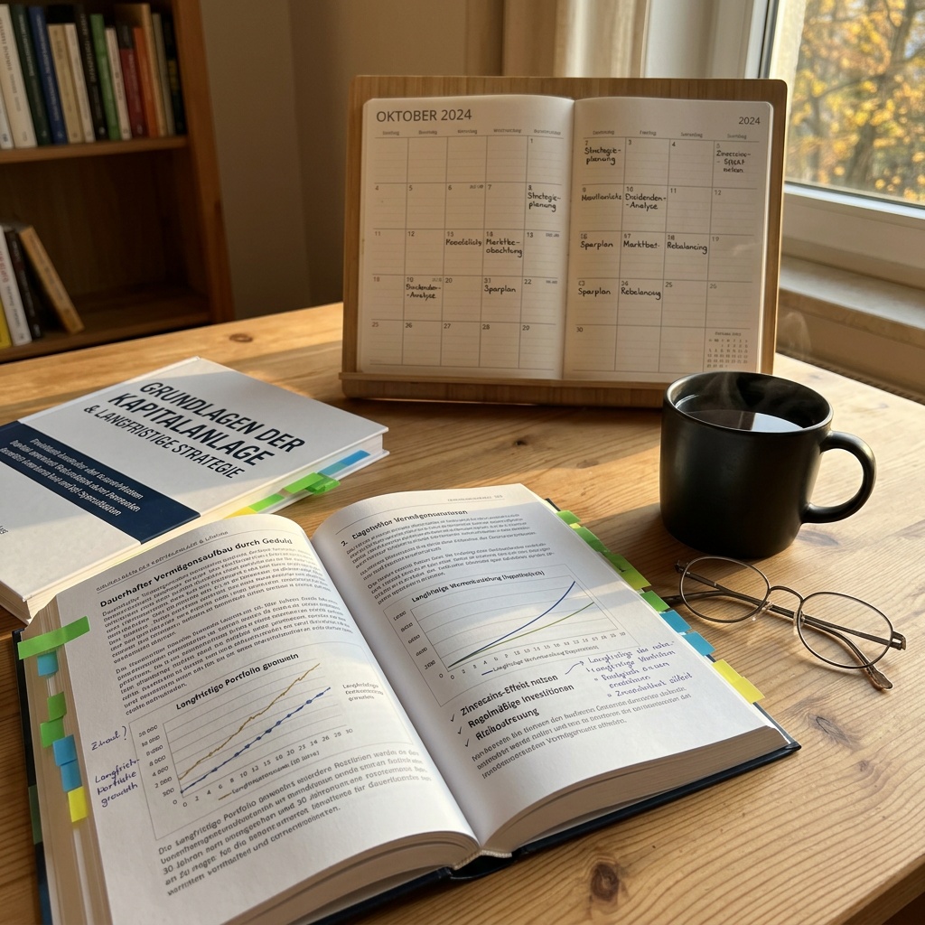 Schreibtisch mit Kalender, Buch und Tee zur Erlaeuterung langfristiger Anlagestrategien