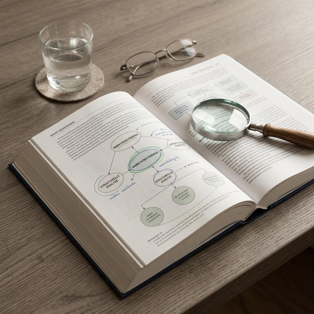Wirtschaftslehrbuch und Brille auf einem Holztisch mit Markierungen